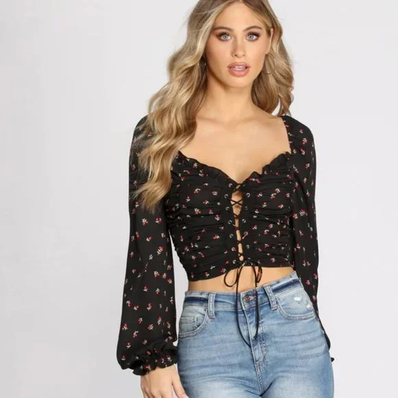 Windsor Lace Up Polka Dot Crop Top - Black/White, Small - Picture 10 of 10